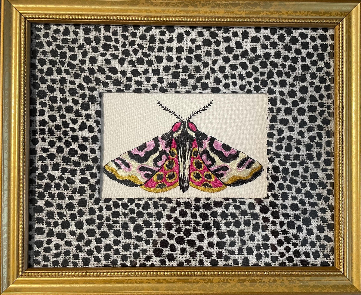Embroidered Butterfly Moth Wall Art on Ballard Designs Tully Ebony Fabric - Framed Insect Botanical Decor
