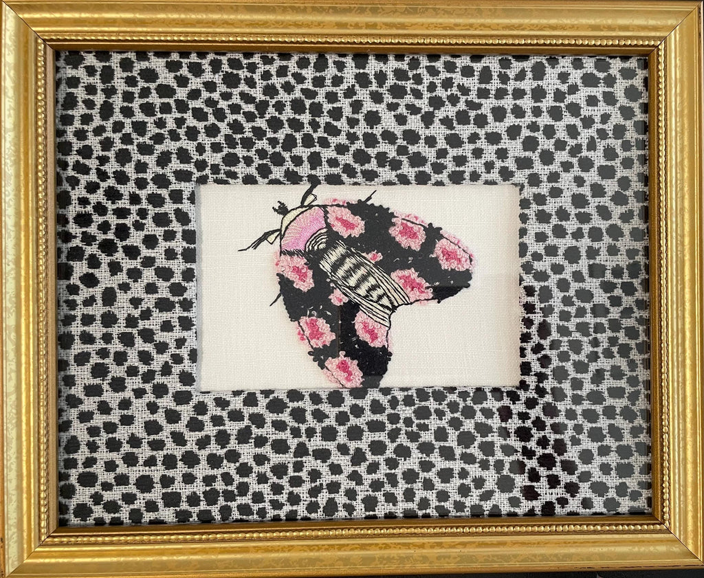 Embroidered Boucle Moth Art in Gold Frame, Ebony Ballard Tully Fabric Mat, Whimsical Entomology Wall Decor