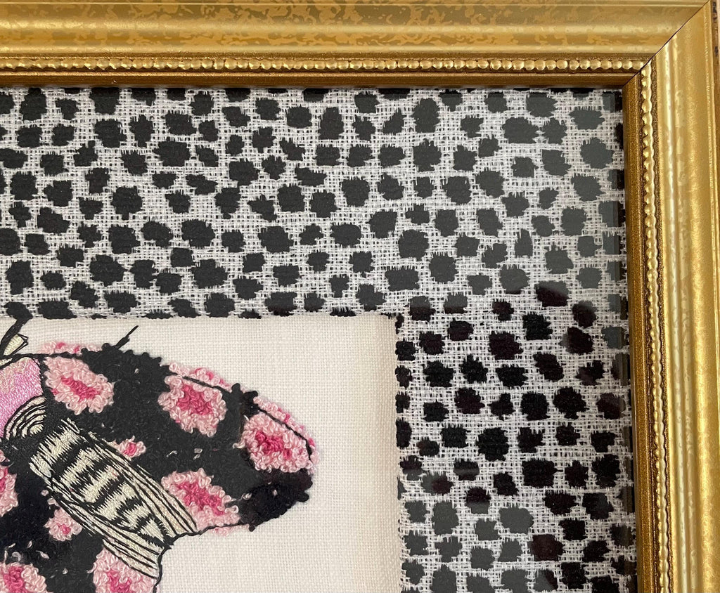 Embroidered Boucle Moth Art in Gold Frame, Ebony Ballard Tully Fabric Mat, Whimsical Entomology Wall Decor