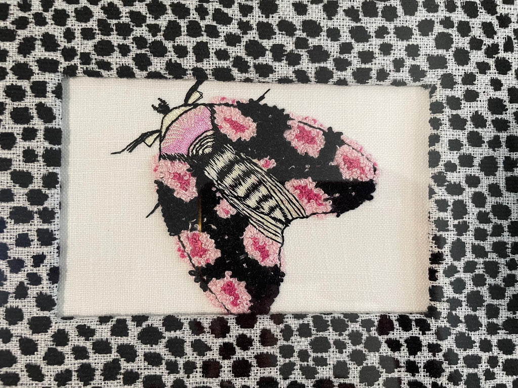 Embroidered Boucle Moth Art in Gold Frame, Ebony Ballard Tully Fabric Mat, Whimsical Entomology Wall Decor