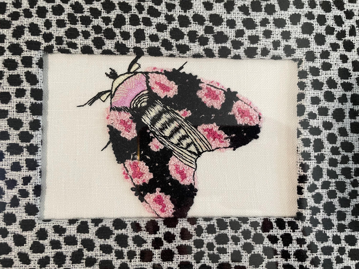 Embroidered Boucle Moth Art in Gold Frame, Ebony Ballard Tully Fabric Mat, Whimsical Entomology Wall Decor