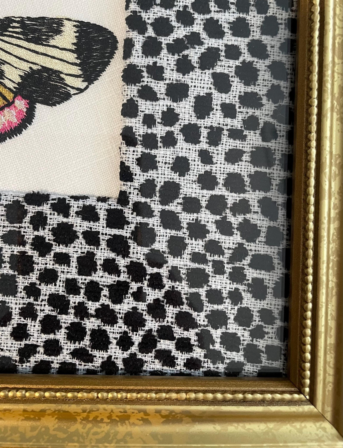 Embroidered Butterfly Moth Wall Art on Ballard Designs Tully Ebony Fabric - Unique Insect Lover Gift & Cottage Decor