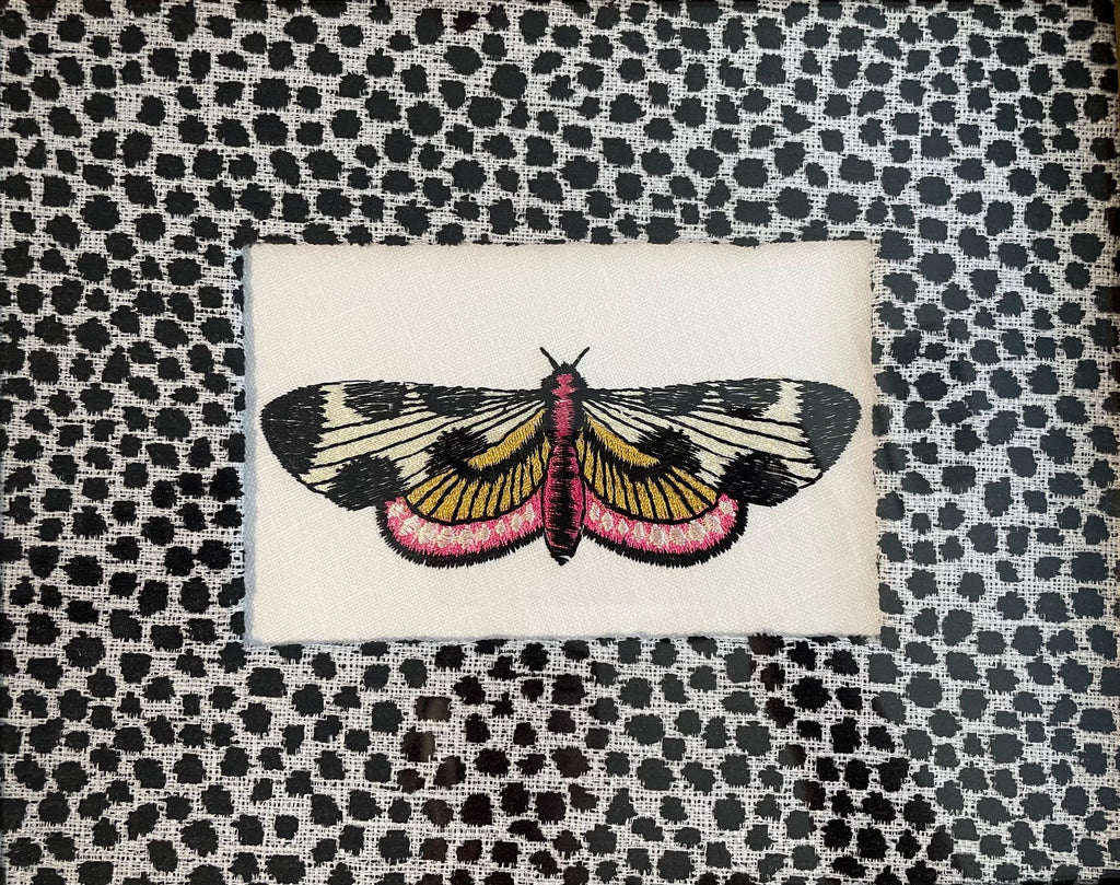 Embroidered Butterfly Moth Wall Art on Ballard Designs Tully Ebony Fabric - Unique Insect Lover Gift & Cottage Decor
