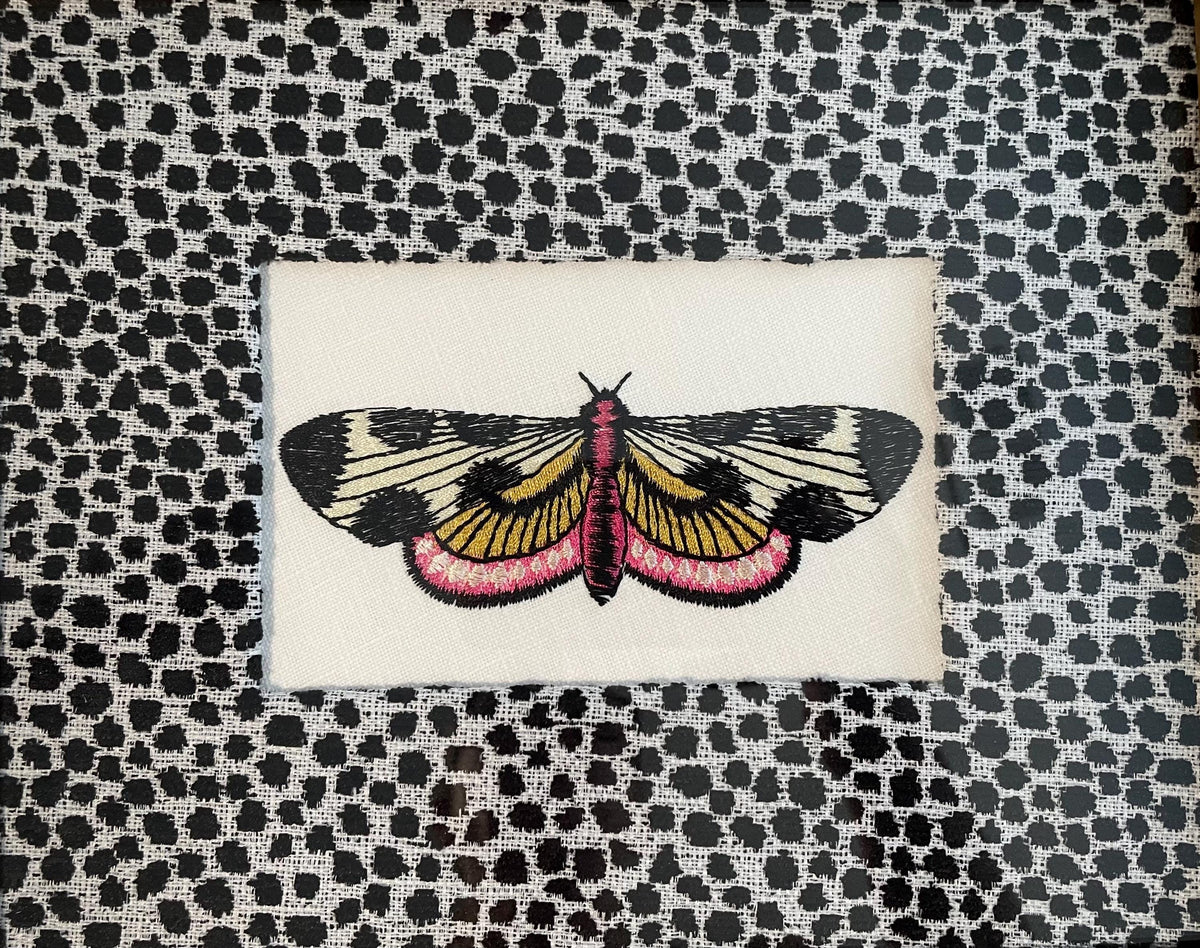 Embroidered Butterfly Moth Wall Art on Ballard Designs Tully Ebony Fabric - Unique Insect Lover Gift & Cottage Decor