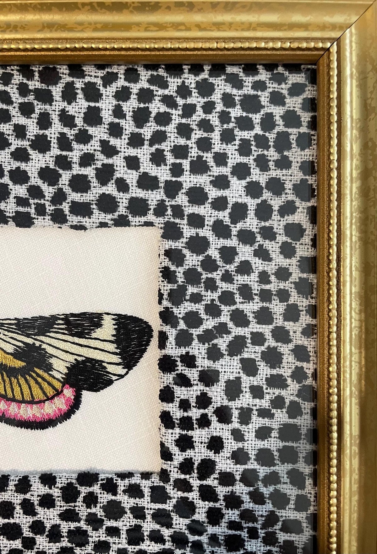 Embroidered Butterfly Moth Wall Art on Ballard Designs Tully Ebony Fabric - Unique Insect Lover Gift & Cottage Decor