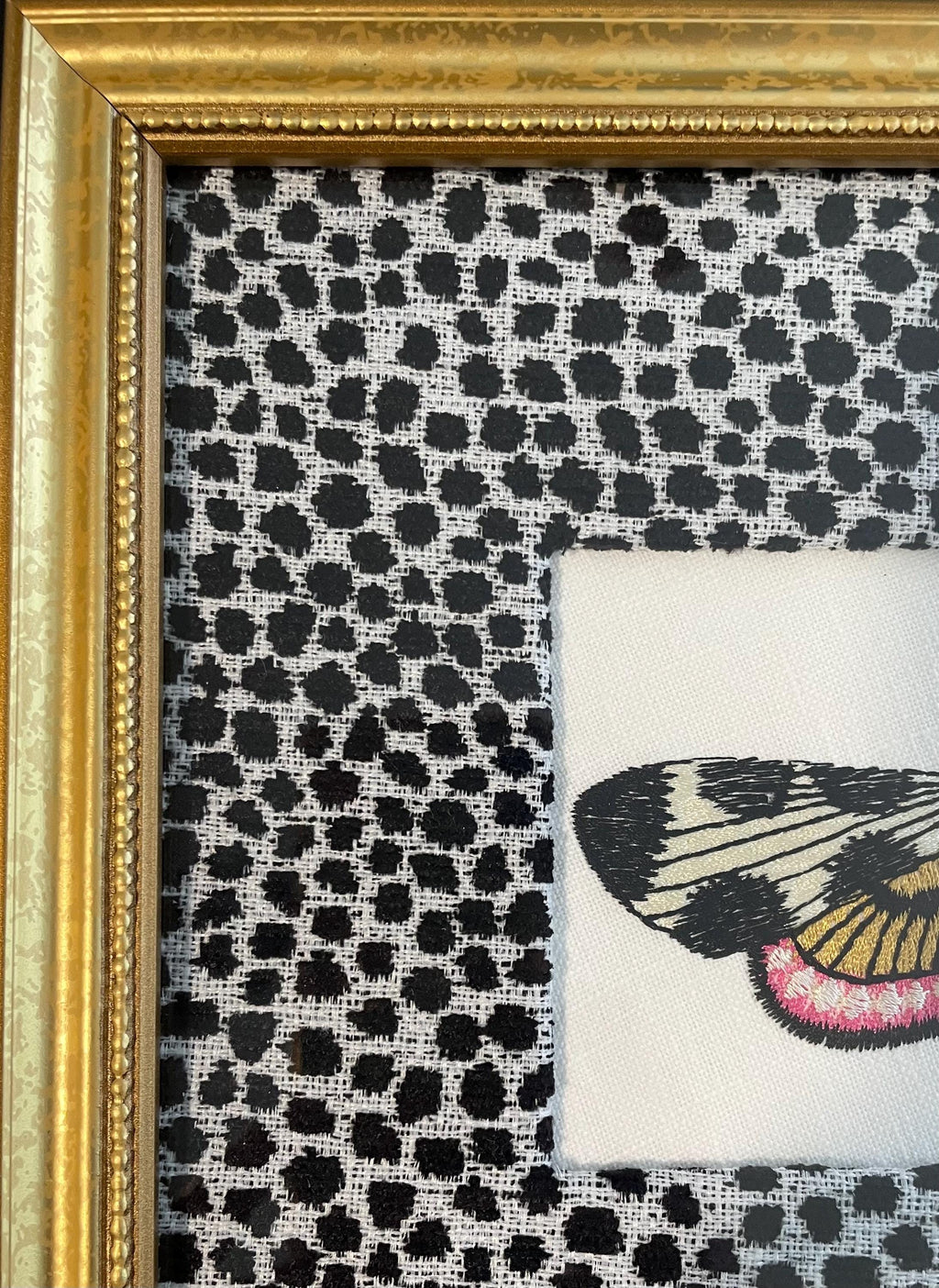 Embroidered Butterfly Moth Wall Art on Ballard Designs Tully Ebony Fabric - Unique Insect Lover Gift & Cottage Decor