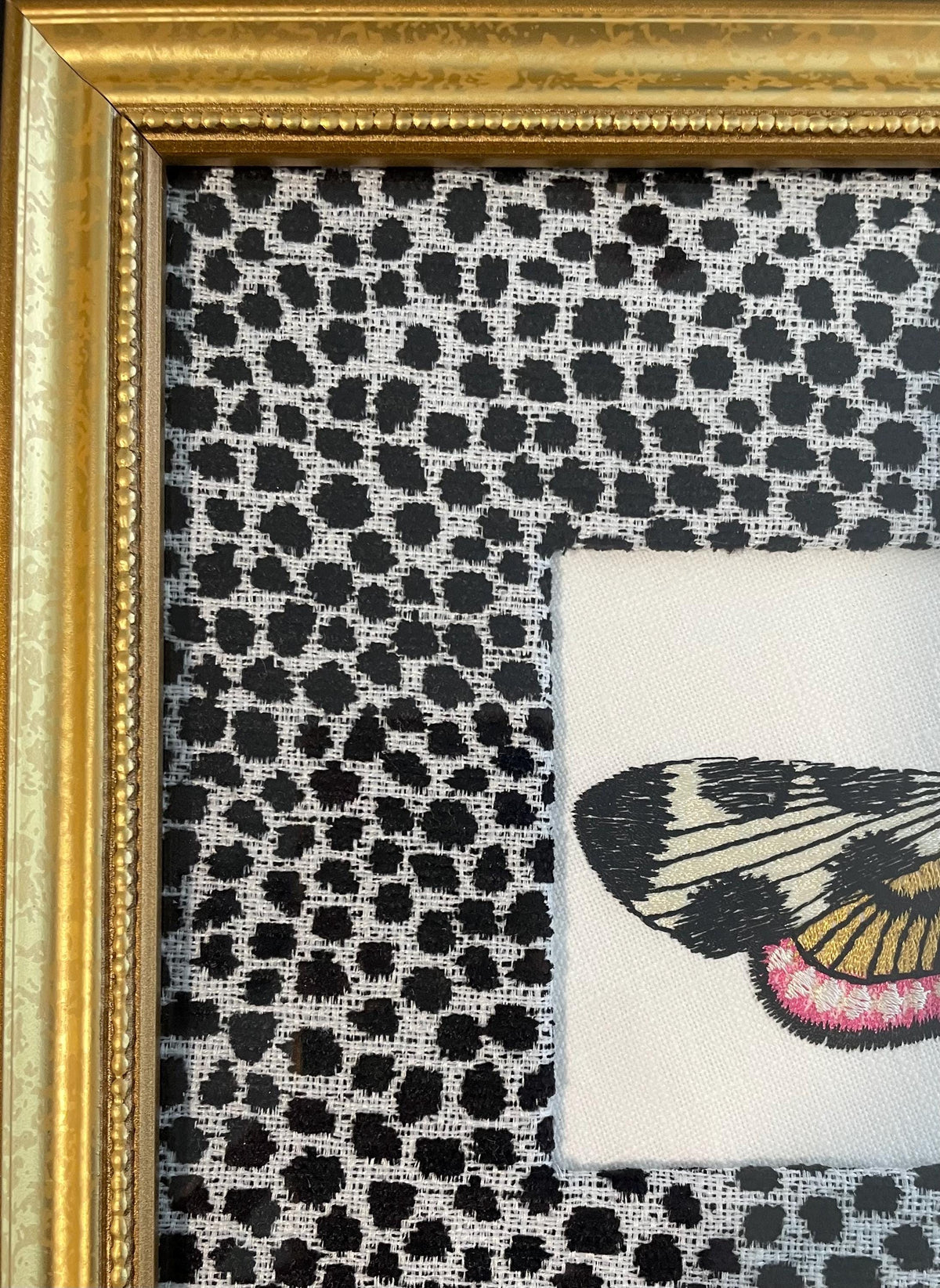Embroidered Butterfly Moth Wall Art on Ballard Designs Tully Ebony Fabric - Unique Insect Lover Gift & Cottage Decor