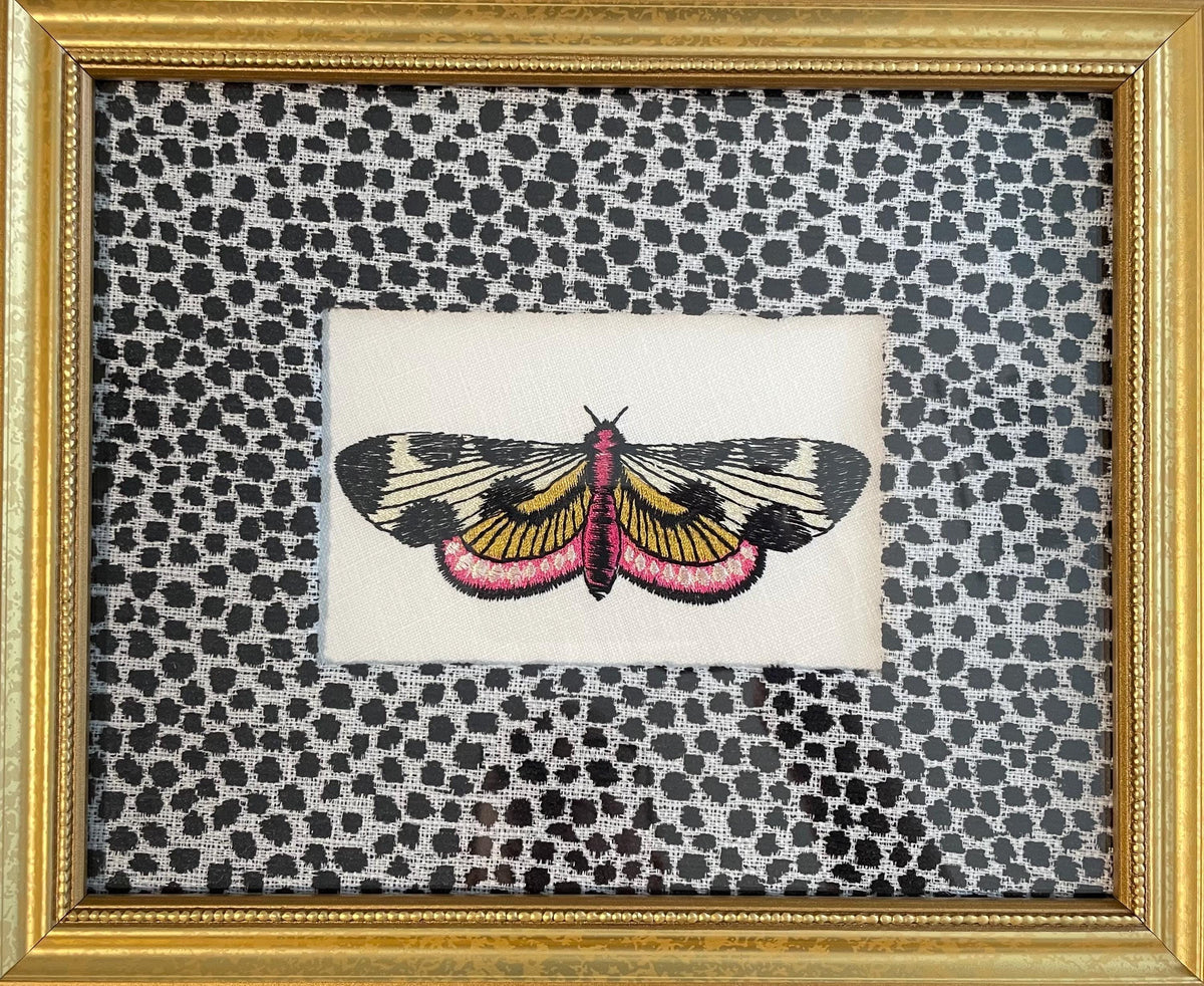 Embroidered Butterfly Moth Wall Art on Ballard Designs Tully Ebony Fabric - Unique Insect Lover Gift & Cottage Decor