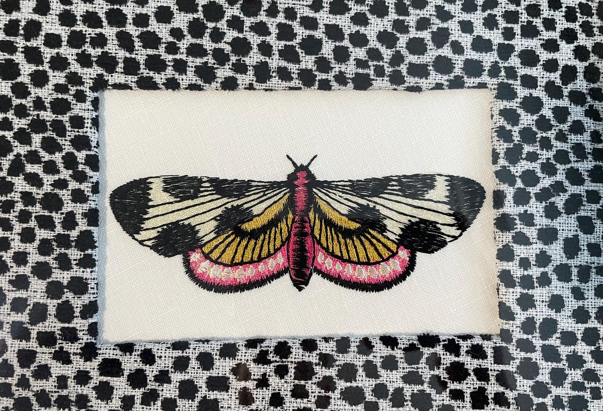 Embroidered Butterfly Moth Wall Art on Ballard Designs Tully Ebony Fabric - Unique Insect Lover Gift & Cottage Decor