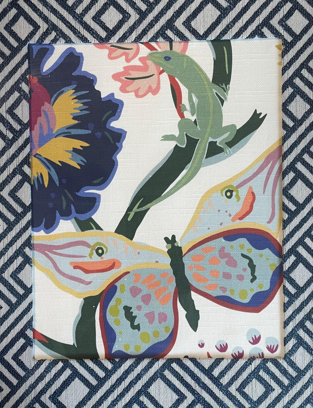 Ballard Designs Butterfly Lizard Fabric Framed Wall Art 12x15 Gold Bamboo Frame Millie Decor