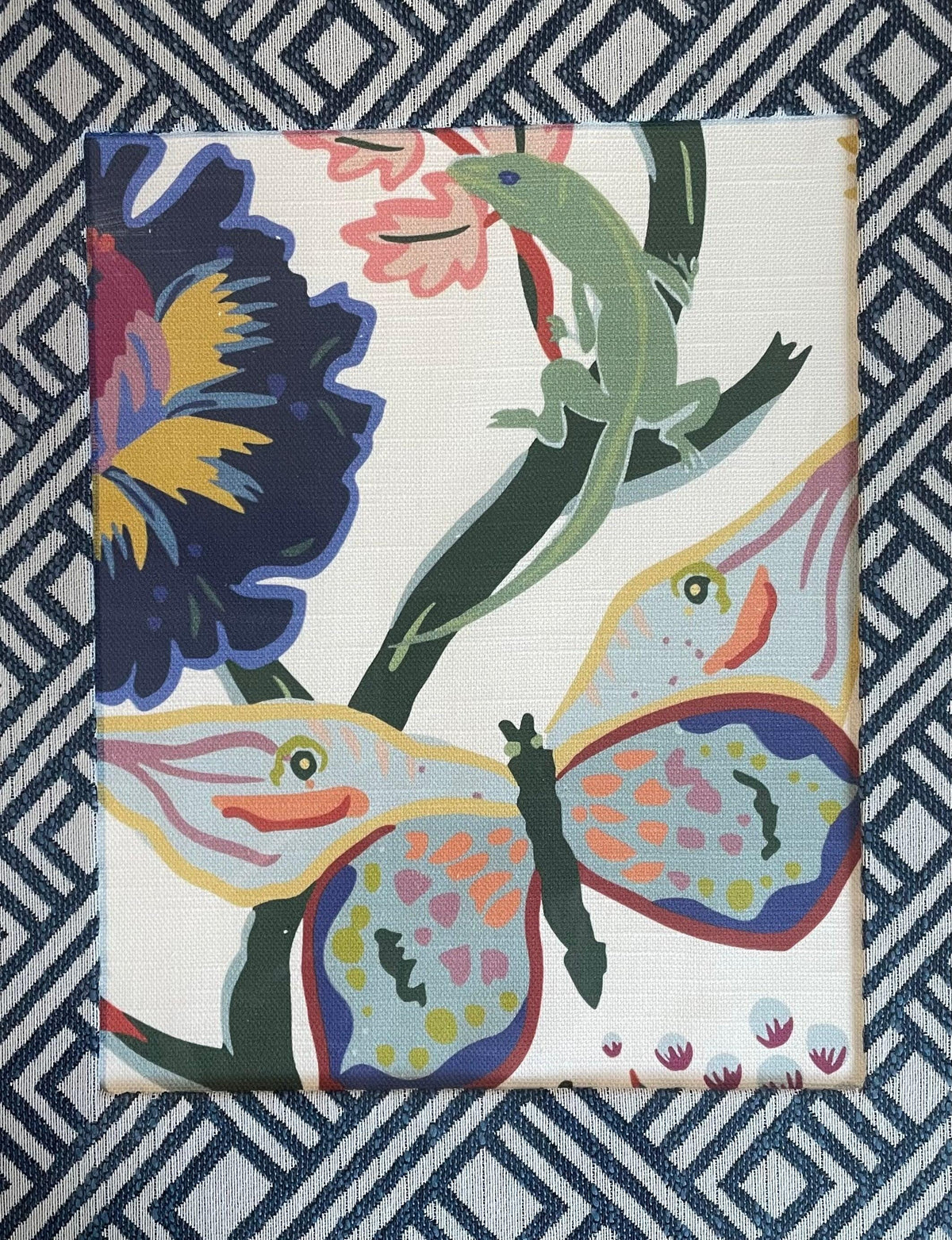 Ballard Designs Butterfly Lizard Fabric Framed Wall Art 12x15 Gold Bamboo Frame Millie Decor