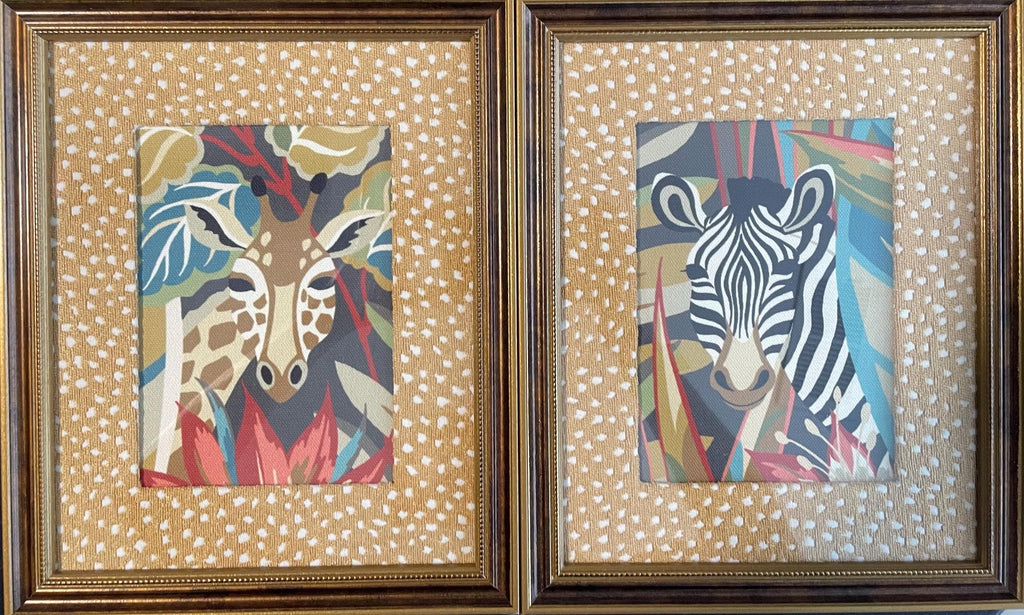 Pair of Kinablu Fabric Safari Art – Giraffe, Zebra, Tropical Leaves
