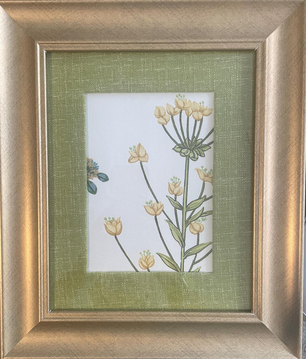 Pair of Ballard Designs Isabella Fabric Art, Gold Frame with custom Olive Linen matting
