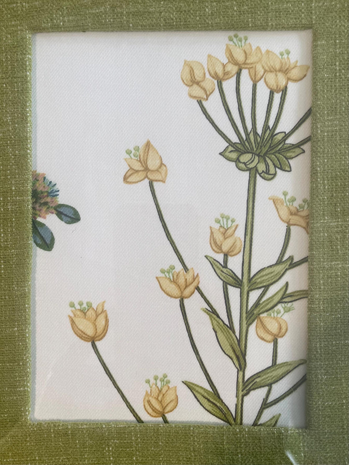Pair of Ballard Designs Isabella Fabric Art, Gold Frame with custom Olive Linen matting