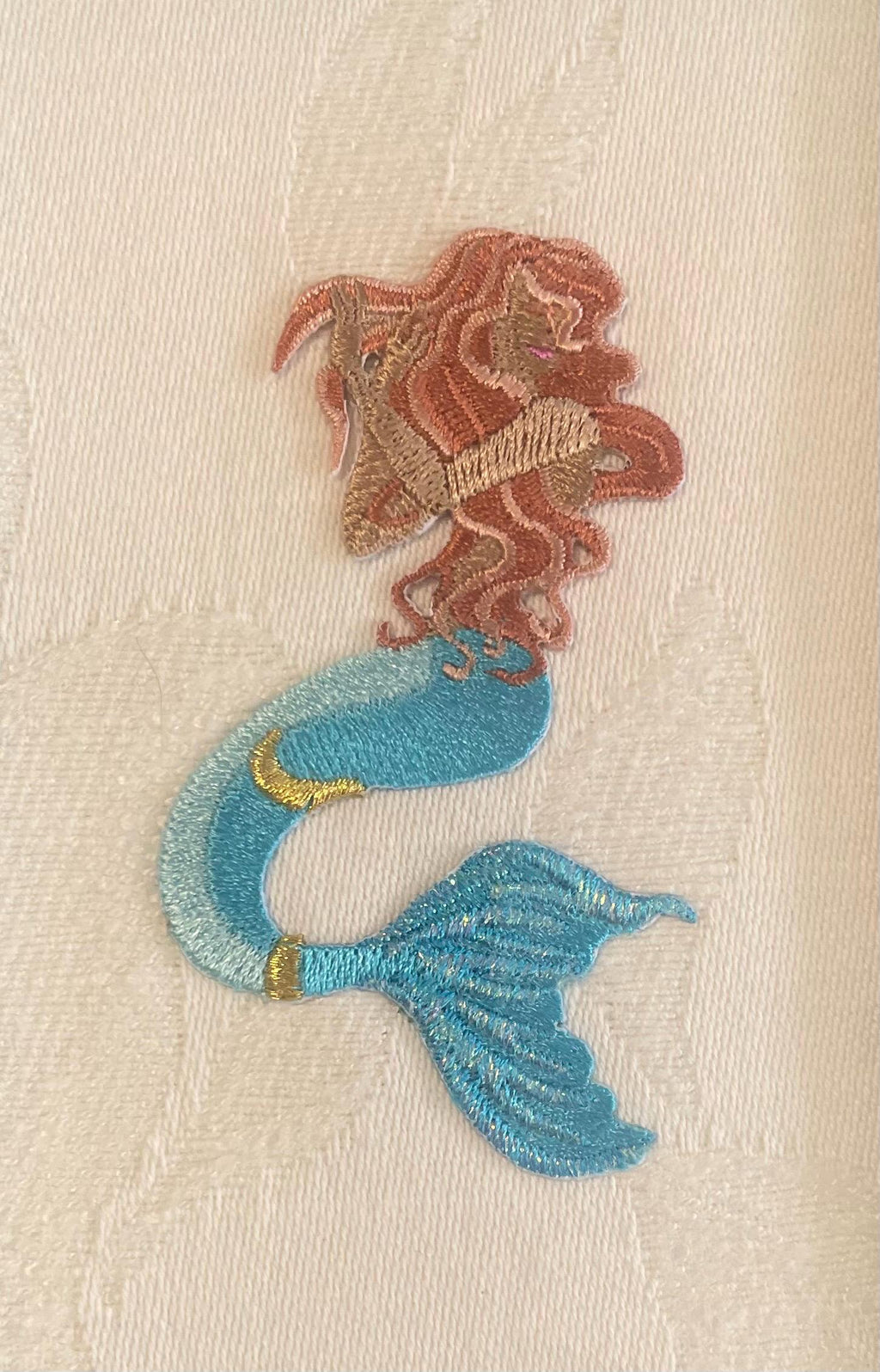 Custom Embroidered Mermaid Applique Fabric Mat - Textured White Designer Wall Art, Coastal Nursery Decor, Under the Sea Gift