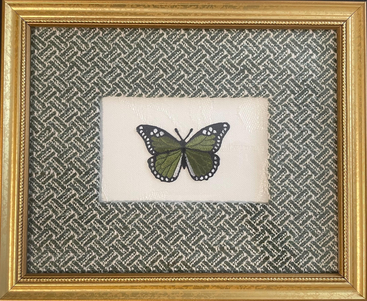 Framed Embroidered Butterfly Applique - Ballard Designs Emyrs Stem Fabric Mat, Nature Decor