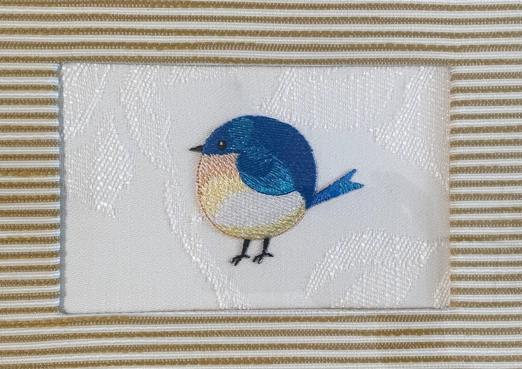 Embroidered Blue Bird Art in Gold Frame - Ballard Designs Biff Mustard Fabric, Cottage Farmhouse Wall Decor