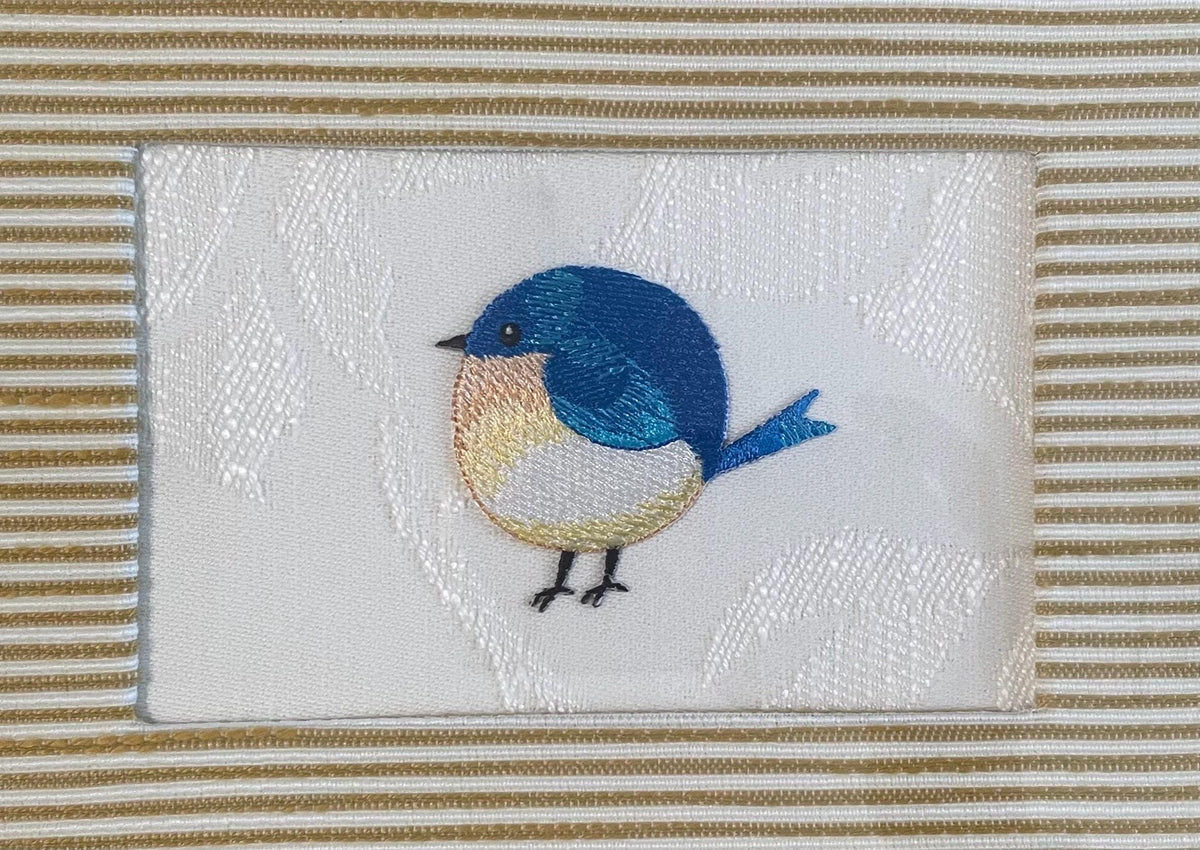 Embroidered Blue Bird Art in Gold Frame - Ballard Designs Biff Mustard Fabric, Cottage Farmhouse Wall Decor