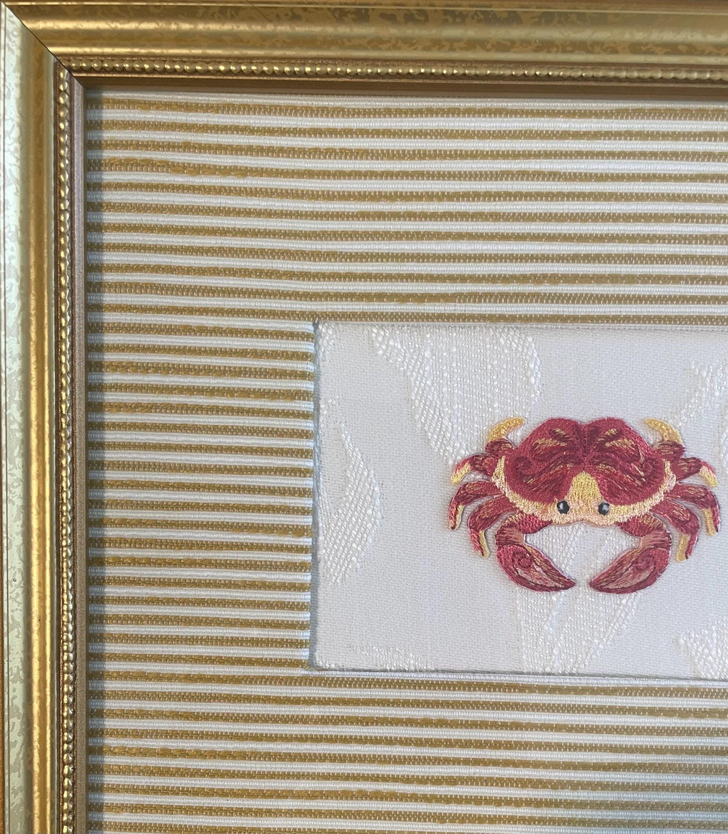 Embroidered adorable Crab Art: Custom Framed Ballard Designs Biff Mustard Fabric