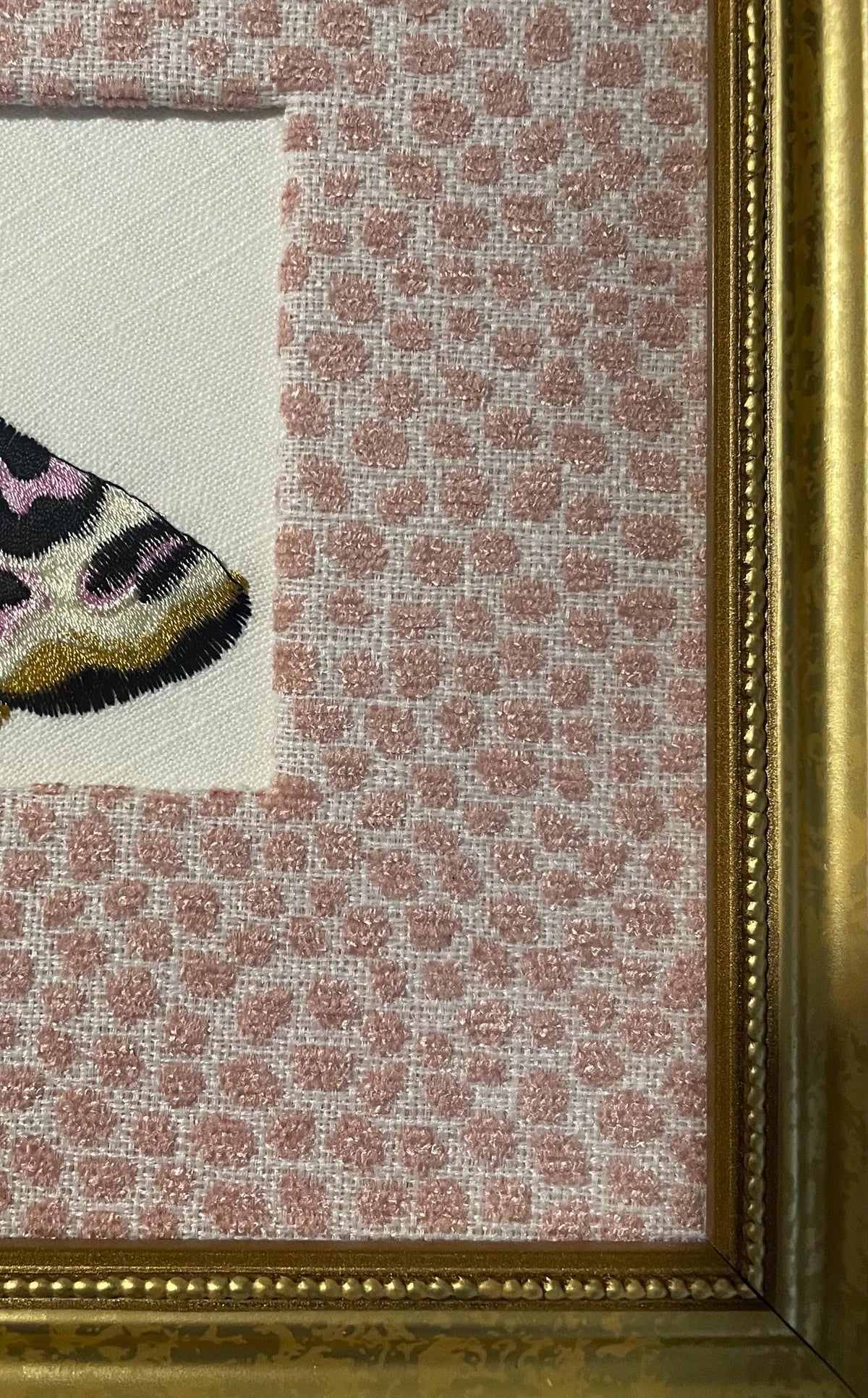 Custom Embroidered Butterfly Moth Wall Art, Ballard Design Rose Quartz Fabric Mat, Gold Frame Decor