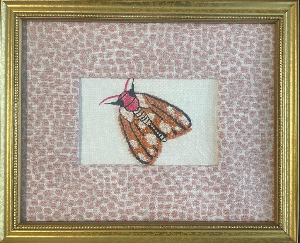 Custom Framed Embroidered Butterfly & Moth Art with Ballard Designs Tully Rose Quartz Fabric Mat