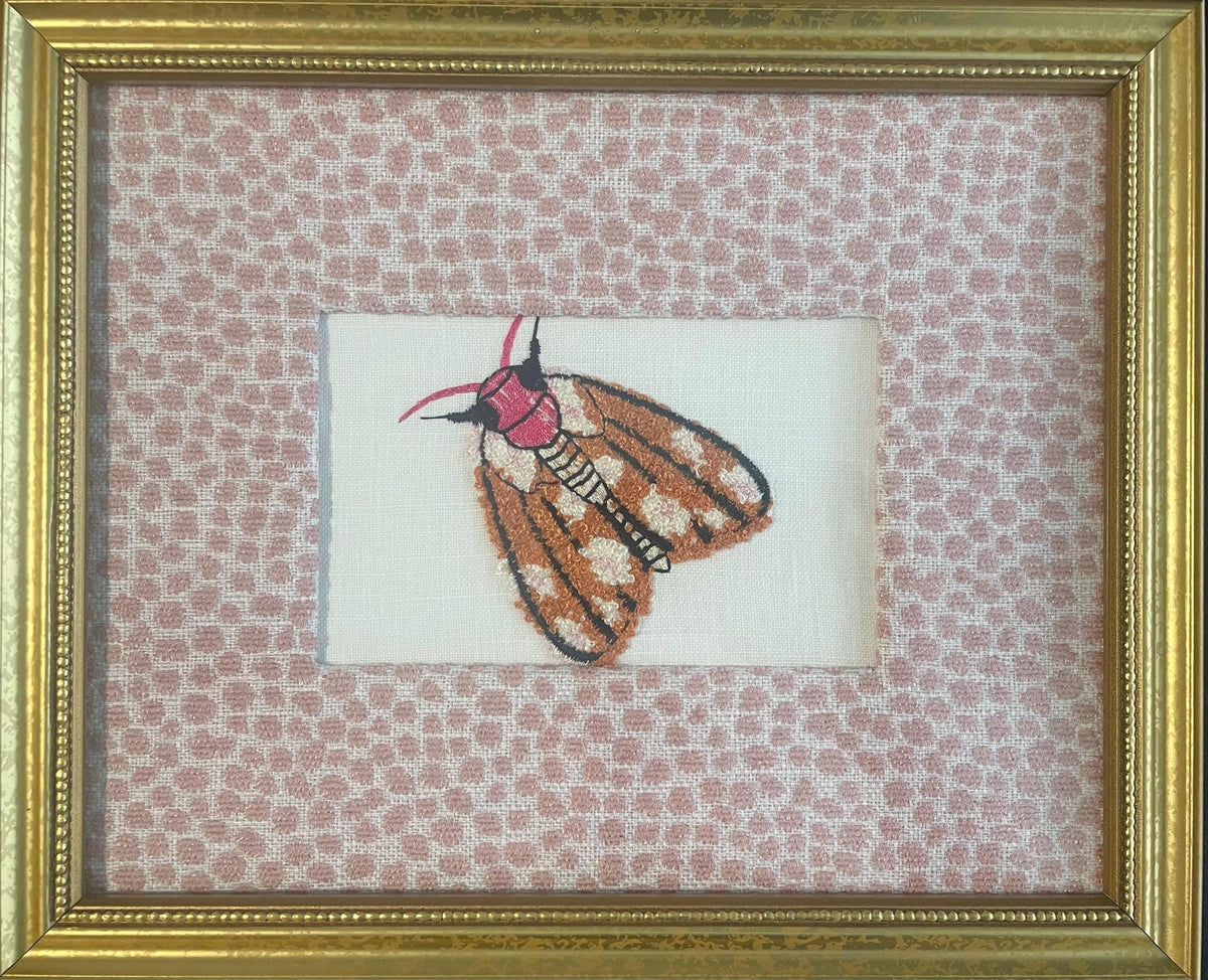 Custom Framed Embroidered Butterfly & Moth Art with Ballard Designs Tully Rose Quartz Fabric Mat