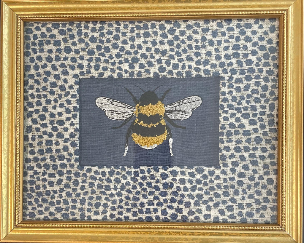 Embroidered Bee Wall Art on Ballard Designs Tully Blue Fabric Mat, Gold Frame Wall Decor