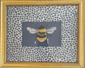 Embroidered Bee Wall Art on Ballard Designs Tully Blue Fabric Mat, Gold Frame Wall Decor