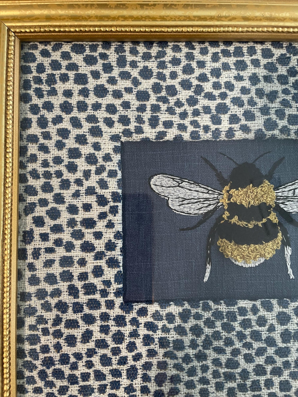 Embroidered Bee Wall Art on Ballard Designs Tully Blue Fabric Mat, Gold Frame Wall Decor