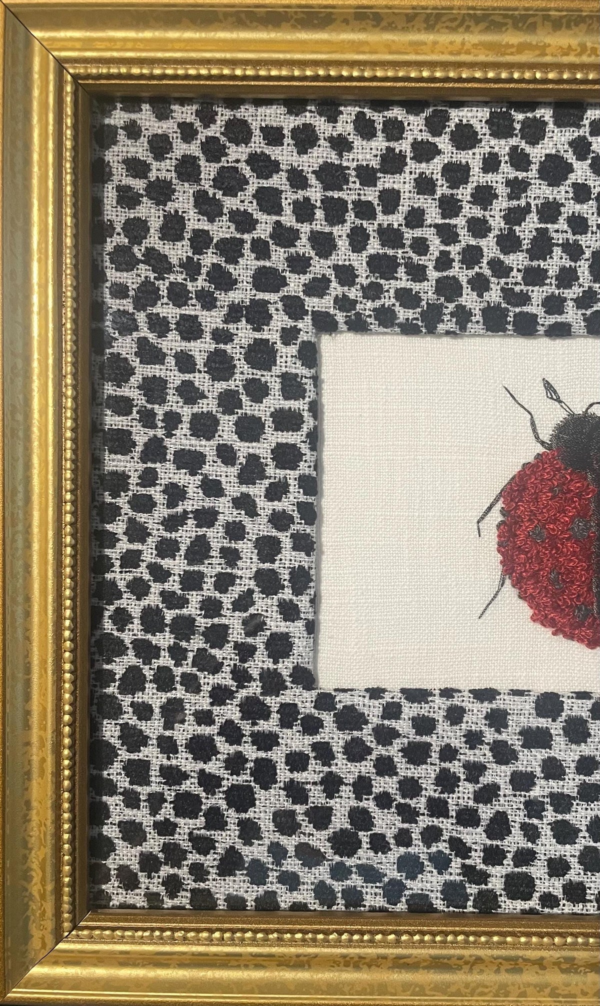 Ladybug Embroidered Boucle Art on Ballard Designs Ebony Tully Fabric Mat - Framed Nature Wall Decor
