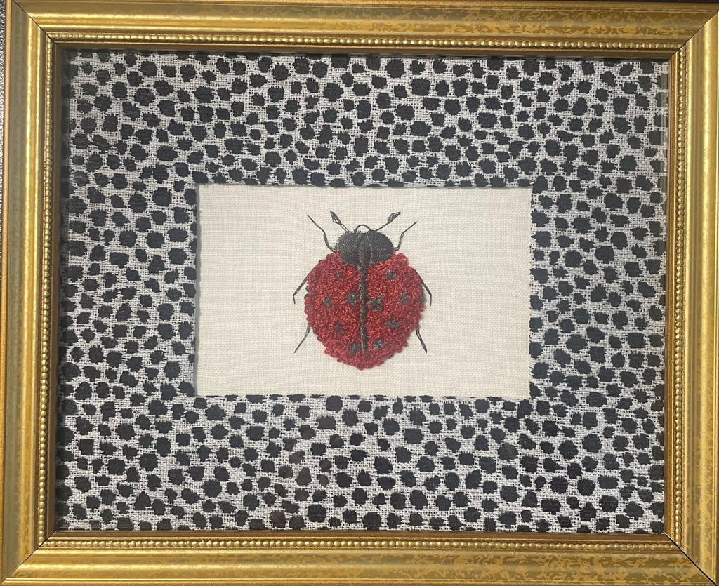 Ladybug Embroidered Boucle Art on Ballard Designs Ebony Tully Fabric Mat - Framed Nature Wall Decor