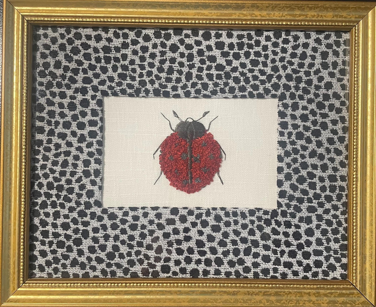 Ladybug Embroidered Boucle Art on Ballard Designs Ebony Tully Fabric Mat - Framed Nature Wall Decor