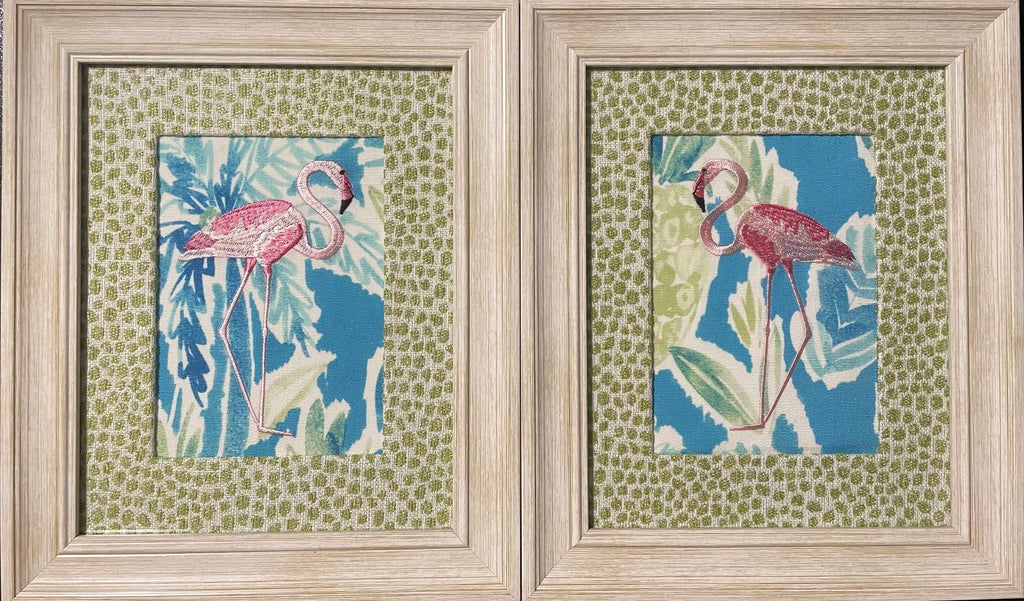 Embroidered Flamingo Art Pair | Ballard Designs Tully Fabric, Whitewashed Frame