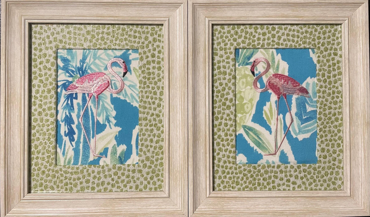 Embroidered Flamingo Art Pair | Ballard Designs Tully Fabric, Whitewashed Frame