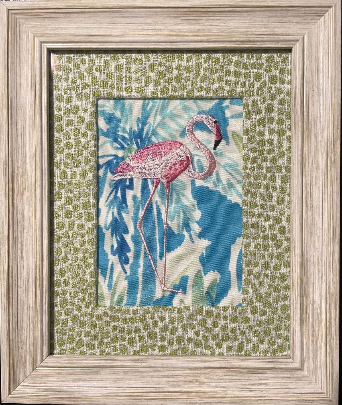 Embroidered Flamingo Art Pair | Ballard Designs Tully Fabric, Whitewashed Frame