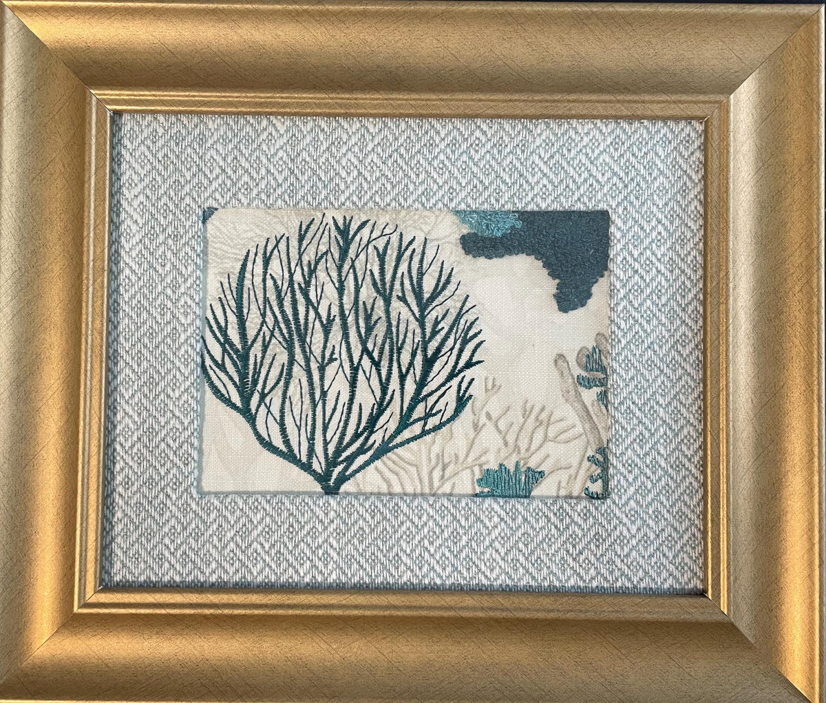 Pair of Dive In Aqua Fabric Coastal Art, Gold Frame with Ballard Designs Matting