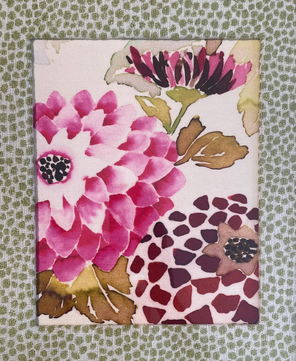 Pink Dahlia Botanical — Designer Fabric Wall Art, 12x15 Gold Bamboo Frame
