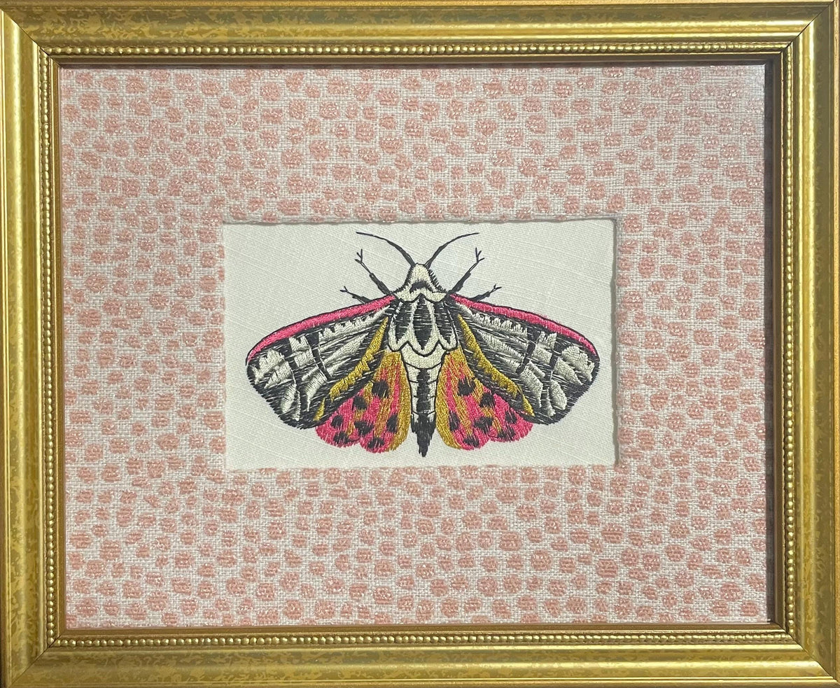 Custom Framed Embroidered Butterfly Tiger Moth Art with Rose Quartz Fabric Matting | Elegant Wall Decor
