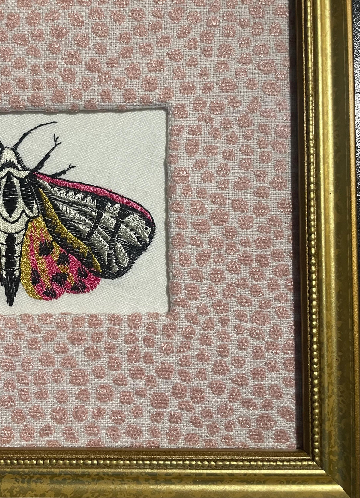 Custom Framed Embroidered Butterfly Tiger Moth Art with Rose Quartz Fabric Matting | Elegant Wall Decor