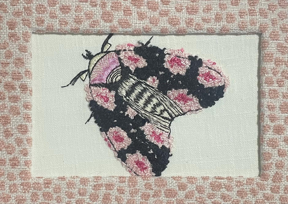 Embroidered Butterfly Moth Art, Gold Frame, Rose Quartz Fabric Matting Wall Decor