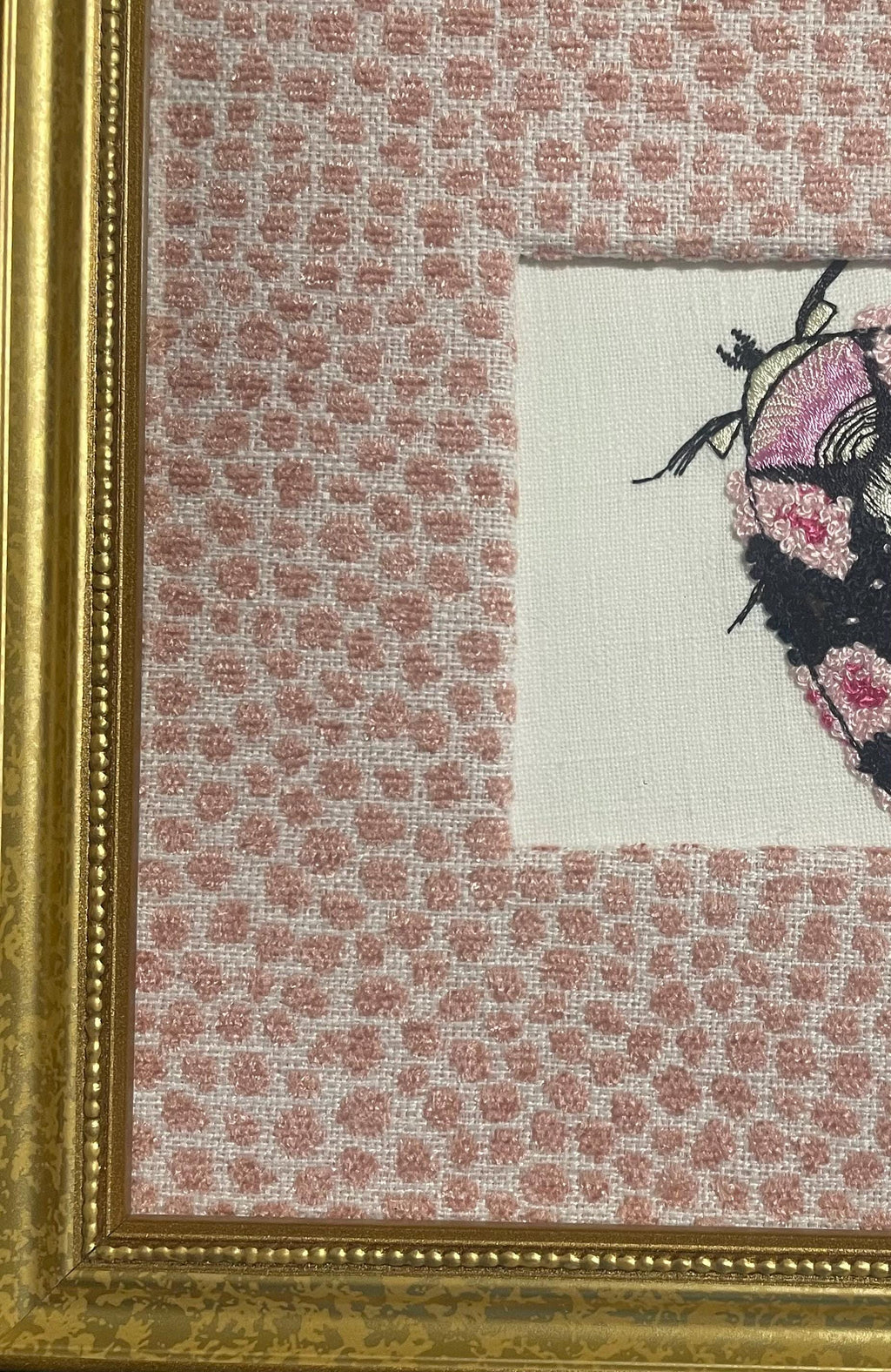 Embroidered Butterfly Moth Art, Gold Frame, Rose Quartz Fabric Matting Wall Decor
