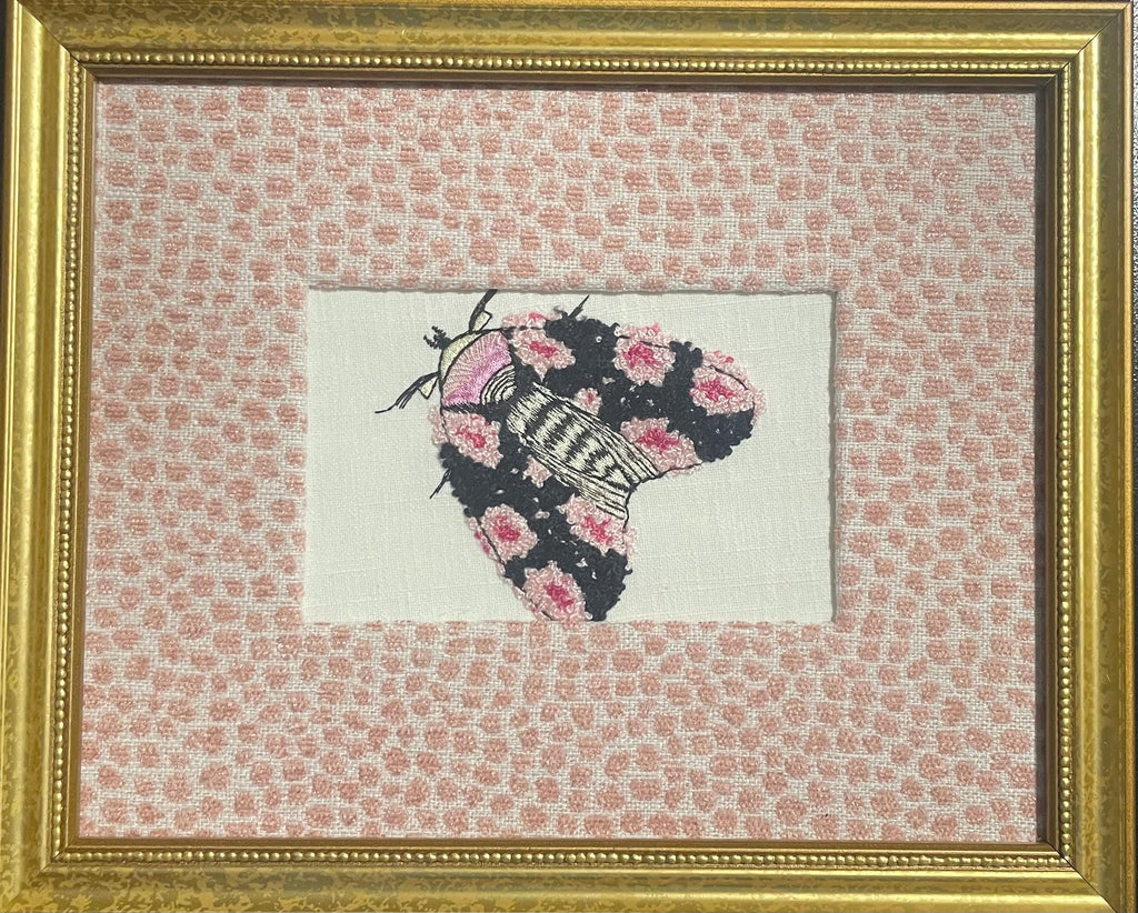 Embroidered Butterfly Moth Art, Gold Frame, Rose Quartz Fabric Matting Wall Decor