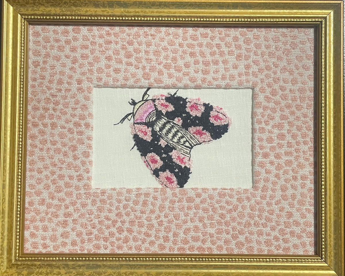 Embroidered Butterfly Moth Art, Gold Frame, Rose Quartz Fabric Matting Wall Decor