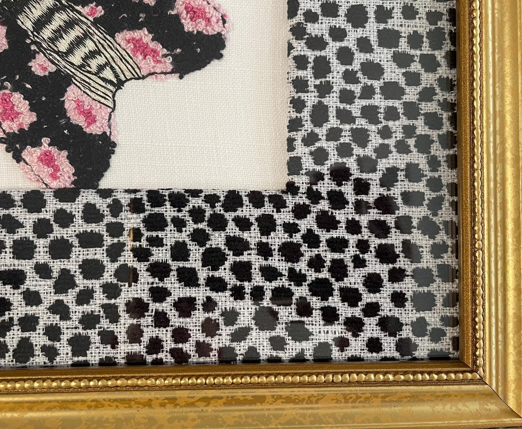 Embroidered Boucle Moth Art in Gold Frame, Ebony Ballard Tully Fabric Mat, Whimsical Entomology Wall Decor