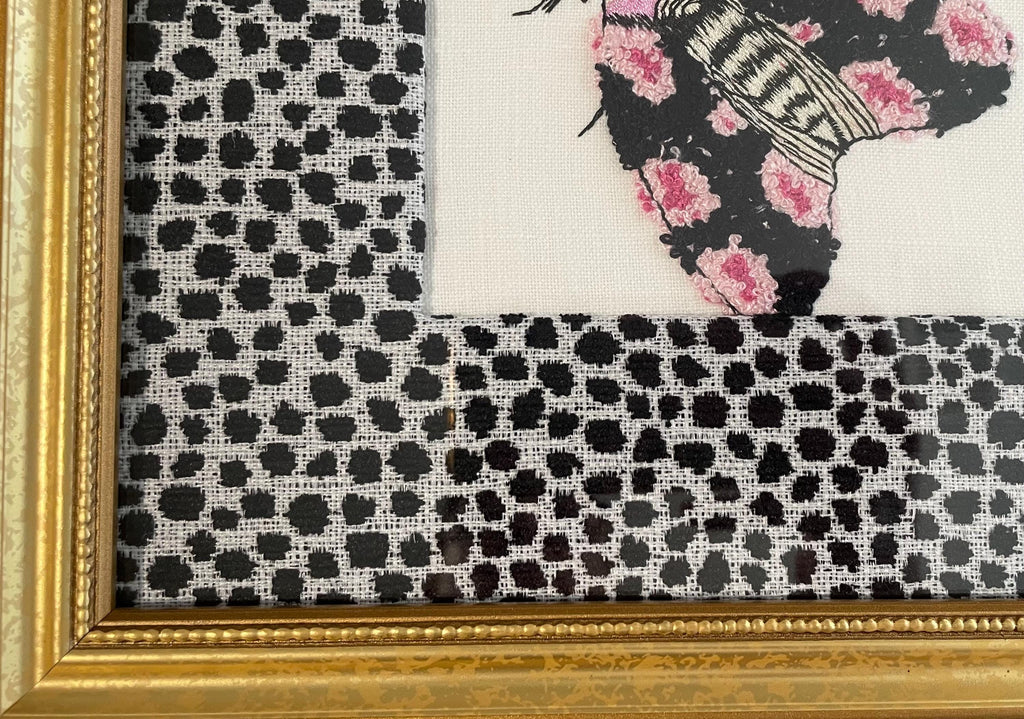 Embroidered Boucle Moth Art in Gold Frame, Ebony Ballard Tully Fabric Mat, Whimsical Entomology Wall Decor