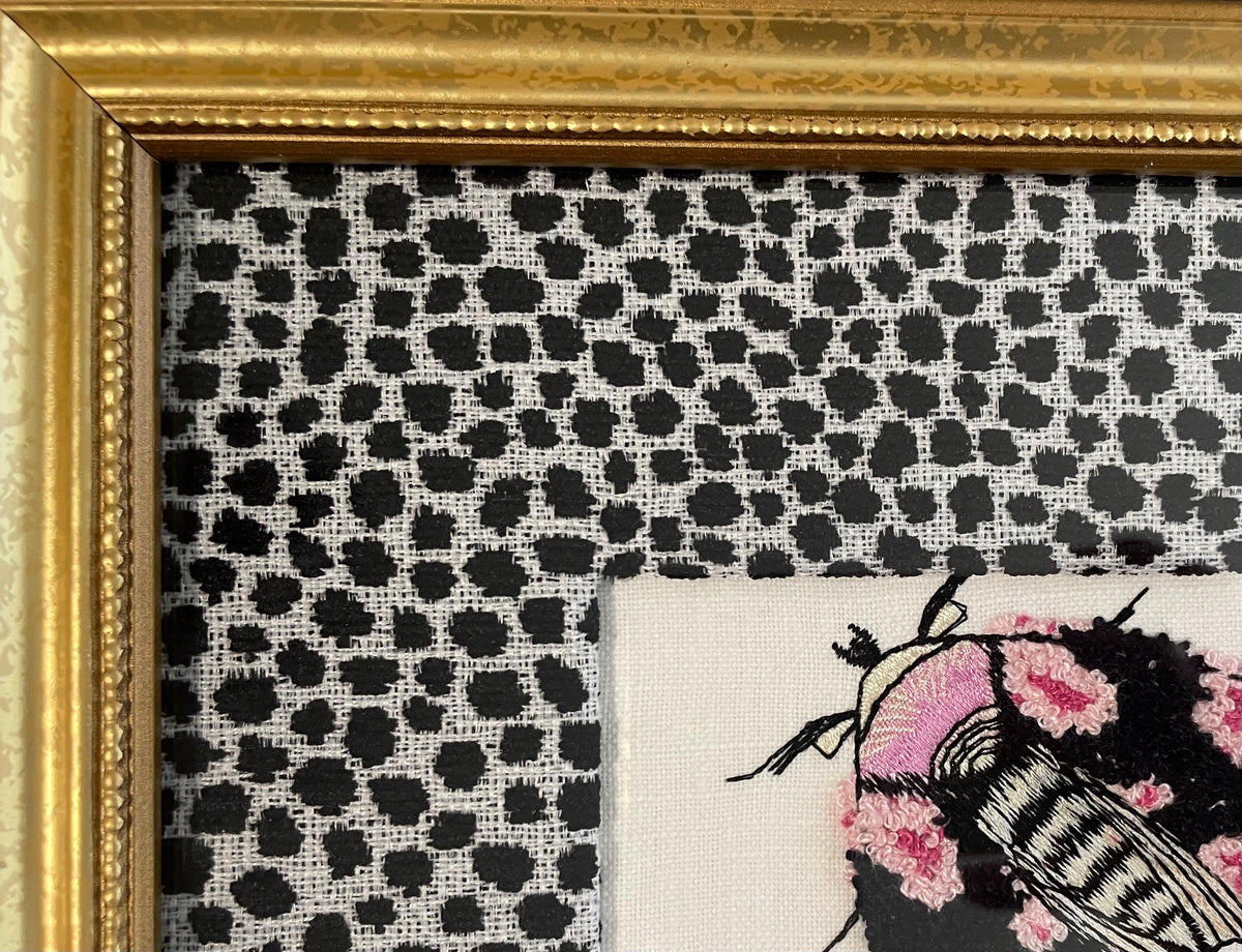 Embroidered Boucle Moth Art in Gold Frame, Ebony Ballard Tully Fabric Mat, Whimsical Entomology Wall Decor