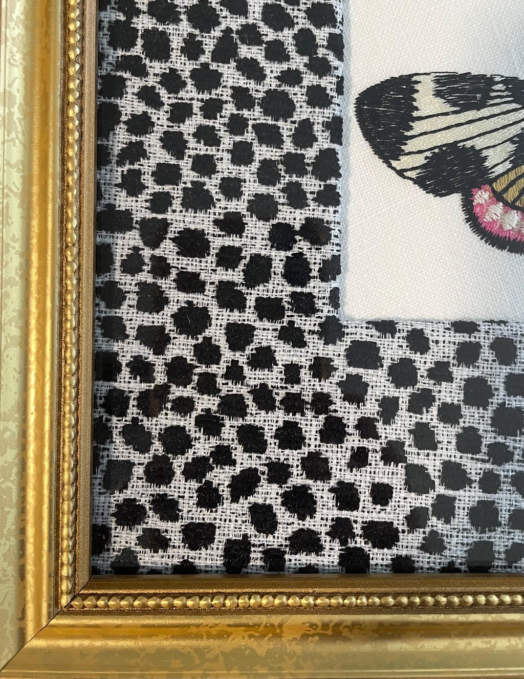 Embroidered Butterfly Moth Wall Art on Ballard Designs Tully Ebony Fabric - Unique Insect Lover Gift & Cottage Decor