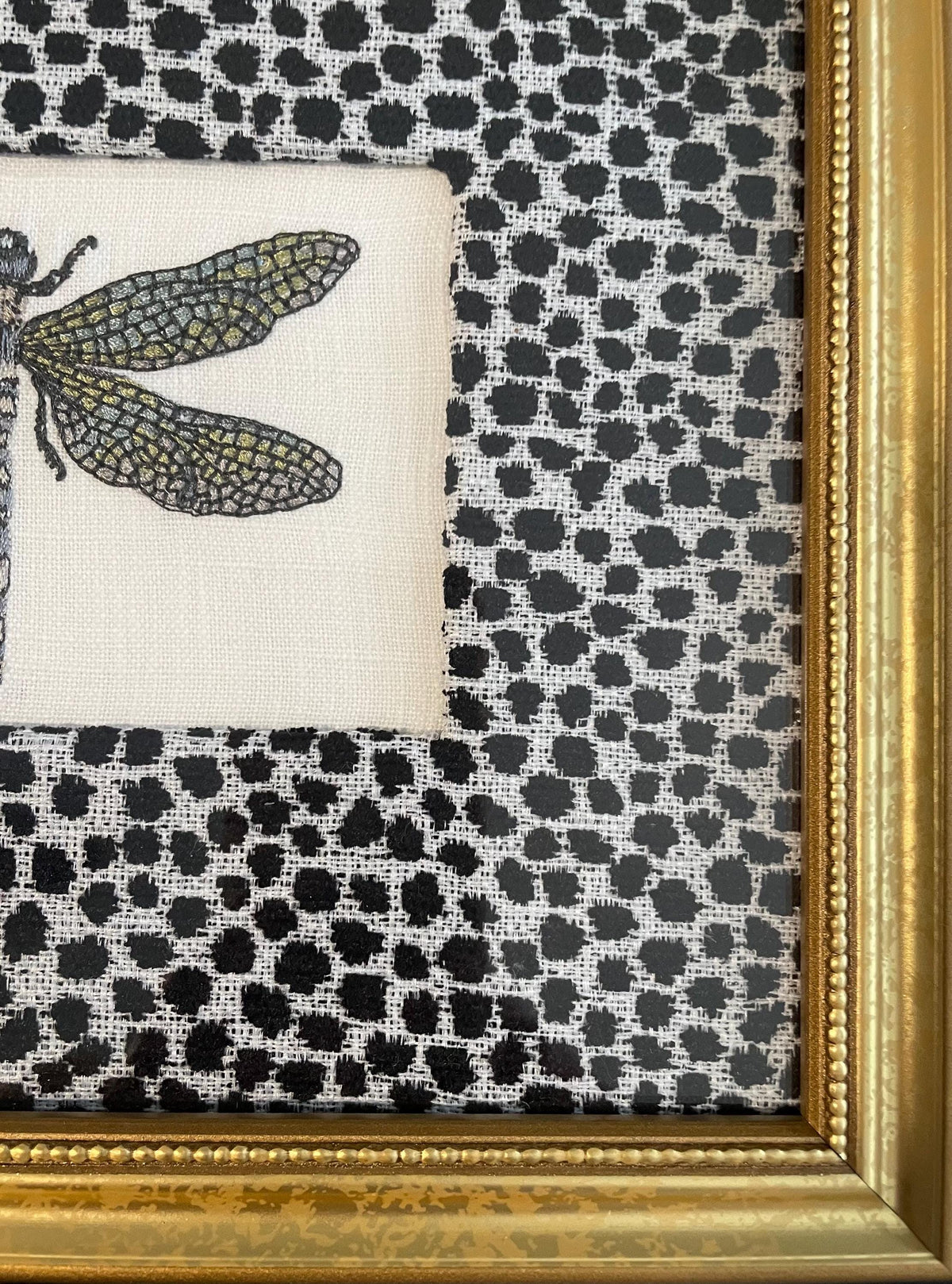 Eye catching Dragonfly surrounded by Ballard Designs Tully Ebony Fabric Mat
