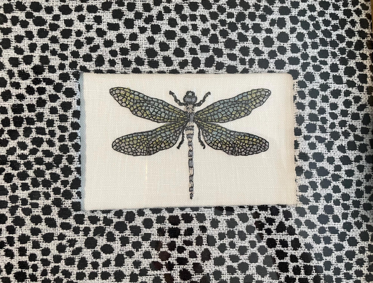 Eye catching Dragonfly surrounded by Ballard Designs Tully Ebony Fabric Mat