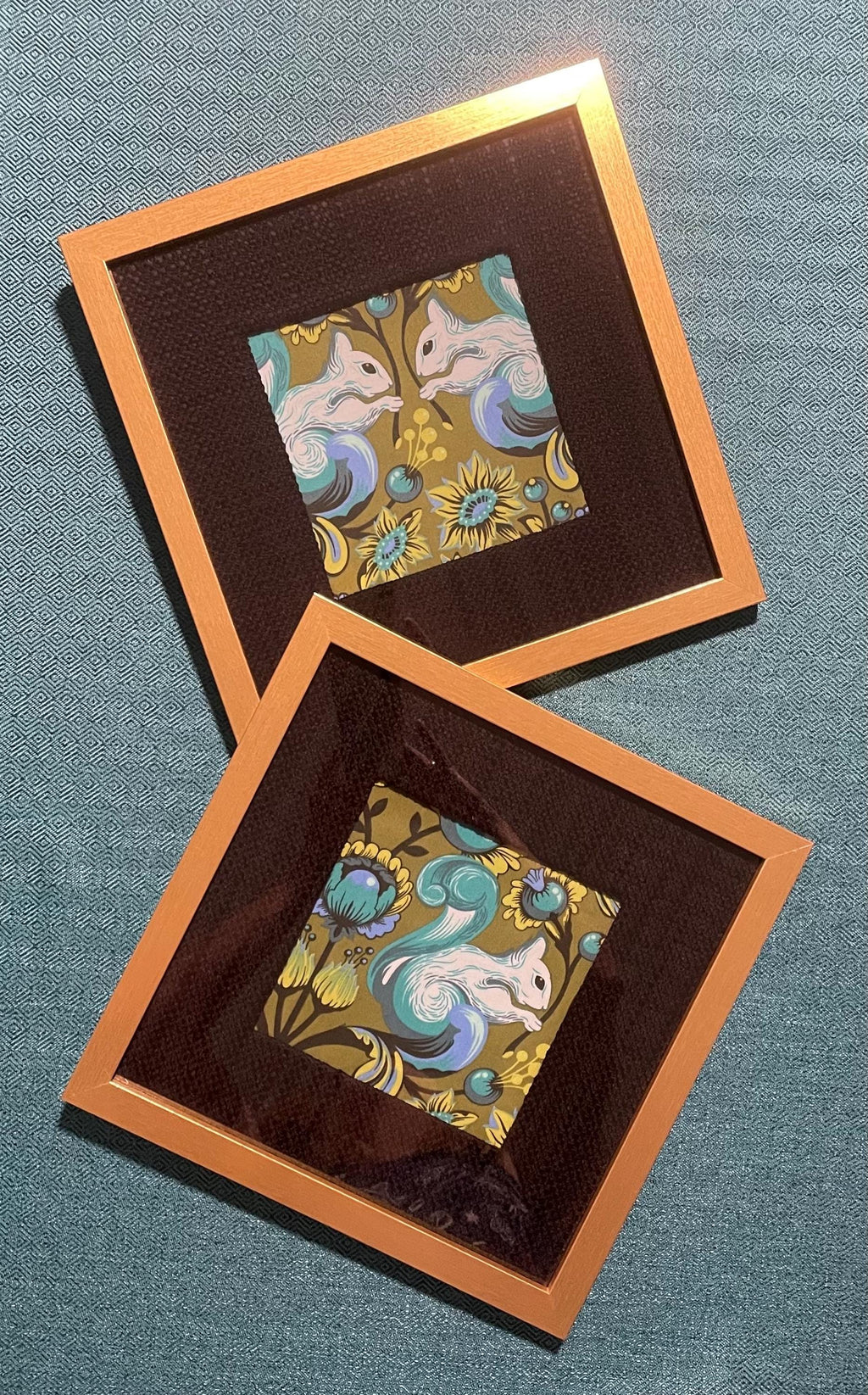 Set of 4 Tula Pink Squirrel Fabric Art Prints, Gold Frames, Black Mats